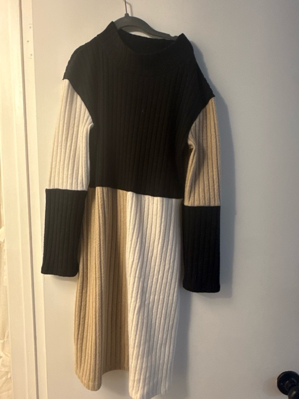 Rare Editions Black, Cream & Tan Colorblock Rib-Knit Dress